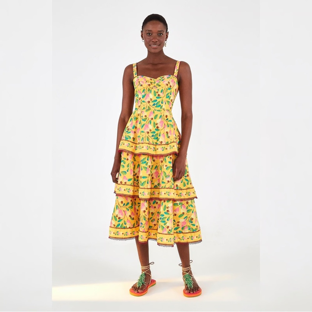 Farm Rio Cashew Tiered Floral Yellow Midi Dress